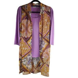 Susan Graver Women's Printed Sheer Chiffon Button Front Vest Set Gold/Lilac 6